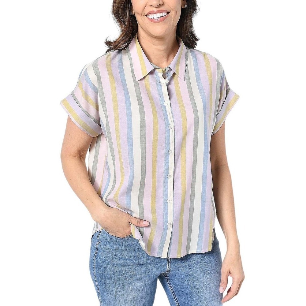Candace Cameron Bure Sunset Stripe Short Sleeve Button Front Lilac Size Small